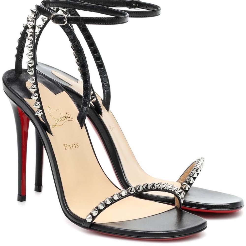 Christian Louboutin Black Leather Studded Red Sole Strappy Sandals
